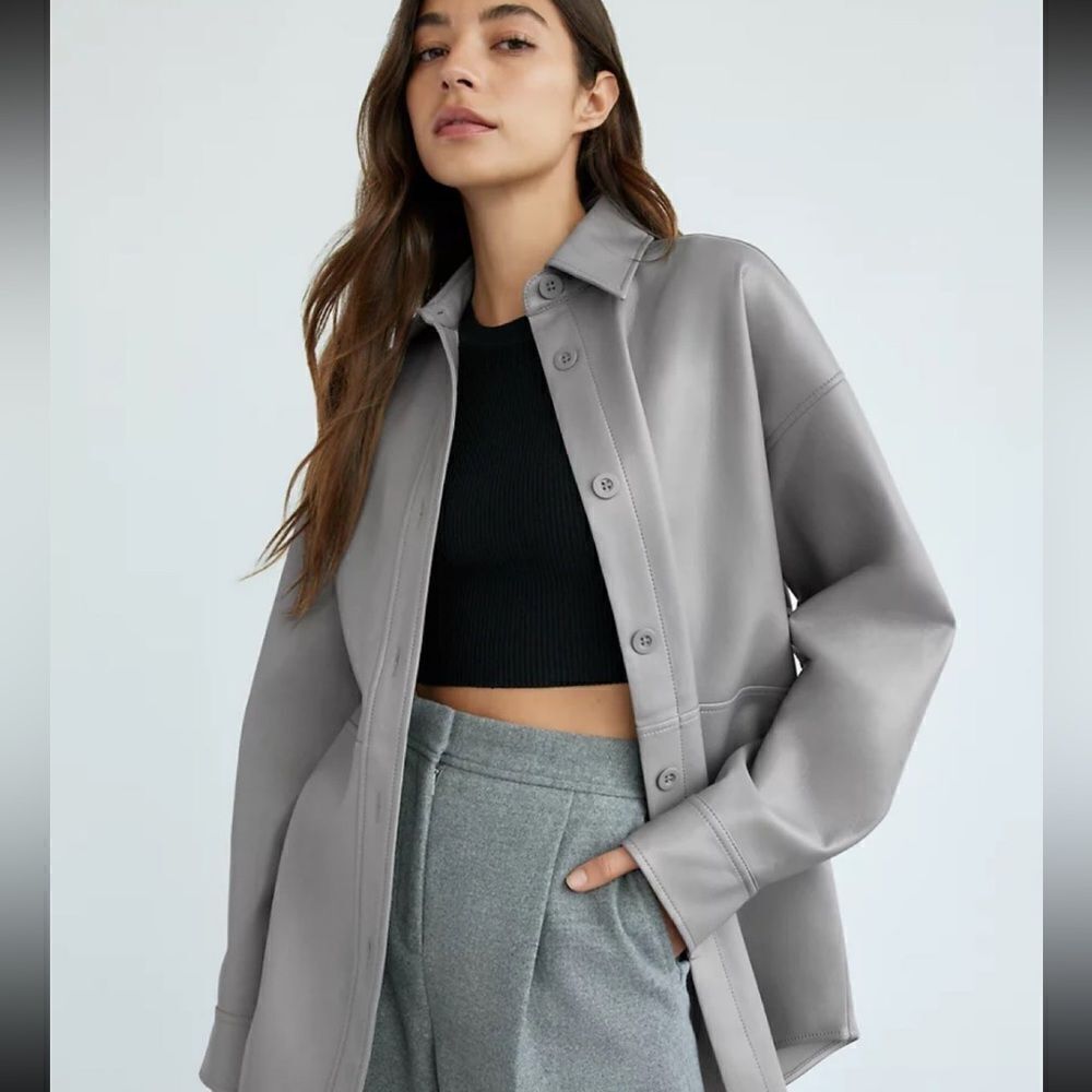 BABATON Aritzia Pelli Faux Leather Shirt Jacket Marble Grey